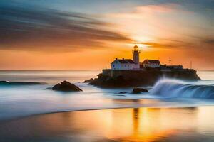 a lighthouse sits on the shore of a beach at sunset. AI-Generated photo