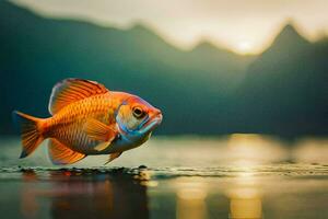 a fish is standing on the water with mountains in the background. AI-Generated photo