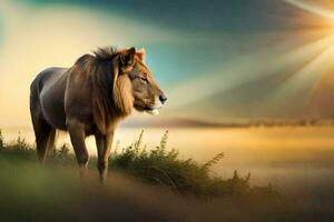 a lion standing in the grass at sunset. AI-Generated photo