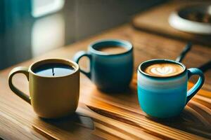 three coffee cups with latte art on a wooden table. AI-Generated photo