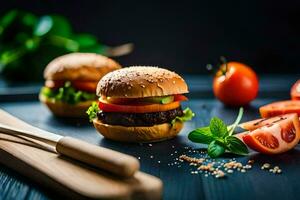 two hamburgers with tomatoes and herbs on a wooden cutting board. AI-Generated photo