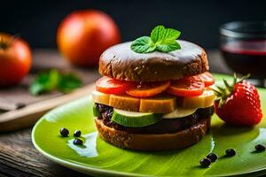 un hamburguesa con Fruta y vegetales en un verde lámina. generado por ai foto