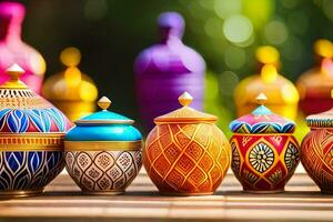 colorful pots and jars lined up on a table. AI-Generated photo