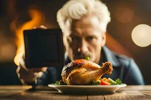 a man taking a picture of a chicken on a plate. AI-Generated photo