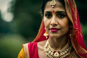 a beautiful indian woman wearing a red sari. AI-Generated photo