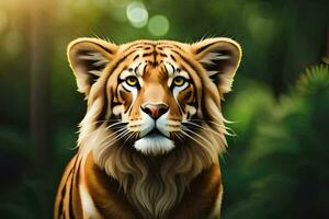 a tiger is standing in the woods with a green background. AI-Generated photo