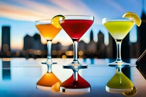 three different colored cocktails on a table with city skyline in the background. AI-Generated photo