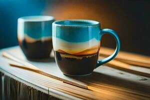 two coffee cups with a mountain view on a wooden table. AI-Generated photo