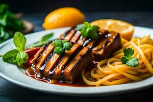 grilled tofu with noodles and a lemon on a plate. AI-Generated photo