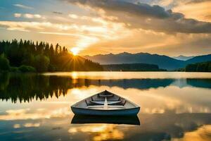 a boat sits on the calm waters of a lake at sunset. AI-Generated photo