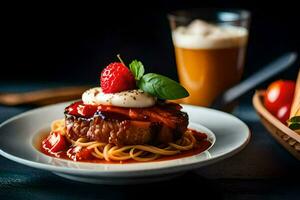 a plate with spaghetti and meat on top of a glass of beer. AI-Generated photo