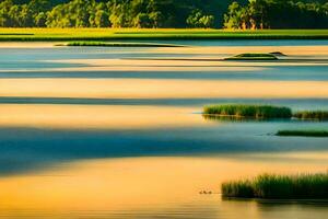 a river with grass and trees in the foreground. AI-Generated photo