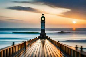 a lighthouse stands on a pier at sunset. AI-Generated photo