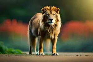 a lion standing on the road in front of a field. AI-Generated photo