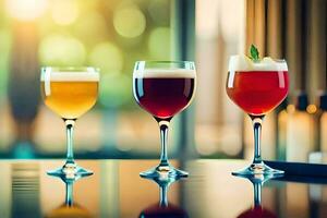 three different types of alcoholic drinks are shown on a table. AI-Generated photo