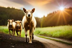 three brown cows walking down a dirt road. AI-Generated photo