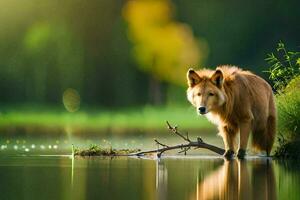 photo wallpaper the water, the forest, the sun, the animal, the wolf, the animal. AI-Generated