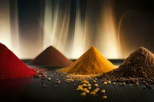 three different types of spices are shown in a row. AI-Generated photo