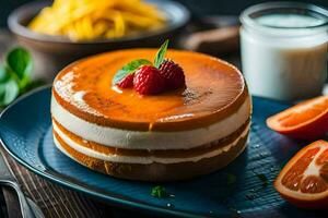 a cake with orange slices and milk on a blue plate. AI-Generated photo