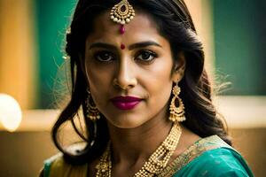 a woman in a traditional sari with gold jewelry. AI-Generated photo