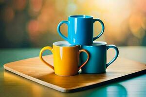 three colorful coffee cups on a wooden tray. AI-Generated photo