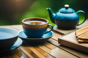 a cup of tea and a book on a wooden table. AI-Generated photo