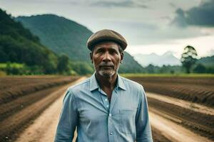 an older man standing in a field with a plowed field. AI-Generated photo