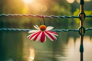 a flower hanging from a wire fence. AI-Generated photo