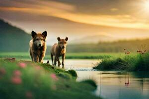 two dogs walking along the river at sunset. AI-Generated photo