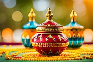 colorful diyas and colorful pots on a table. AI-Generated photo