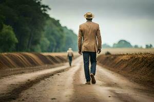 un hombre en un traje camina abajo un suciedad la carretera. generado por ai foto