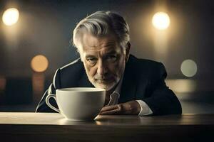 un más viejo hombre en un traje es mirando a un café taza. generado por ai foto