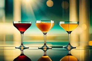 three different types of cocktails on a table. AI-Generated photo