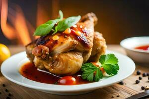 a chicken on a plate with sauce and herbs. AI-Generated photo