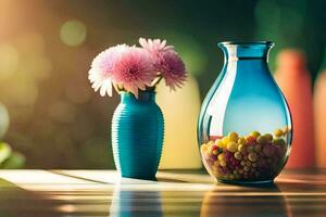 two vases with pink flowers sitting on a table. AI-Generated photo