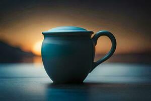 a blue coffee mug sitting on a table in front of the sunset. AI-Generated photo