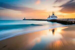 a boat docked at the pier at sunset. AI-Generated photo