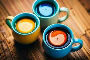 three colorful cups of coffee sit on a table. AI-Generated photo