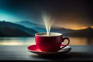 un taza de café en un mesa con montañas en el antecedentes. generado por ai foto