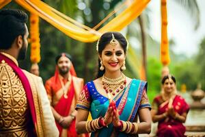 a bride in traditional indian attire is smiling at the camera. AI-Generated photo