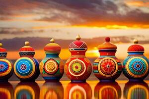 colorful vases lined up against a sunset. AI-Generated photo