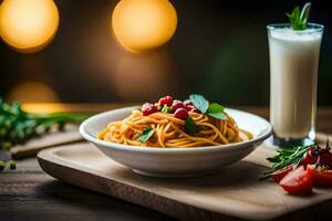 spaghetti with tomato sauce and vegetables on a wooden table. AI-Generated photo