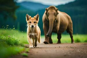 a dog and an elephant walking on a road. AI-Generated photo