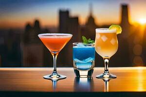 three cocktails on a table with a city skyline in the background. AI-Generated photo
