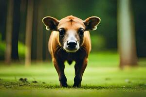 un pequeño marrón vaca en pie en el césped. generado por ai foto