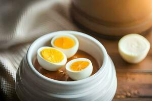 a bowl of boiled eggs with a spoon. AI-Generated photo