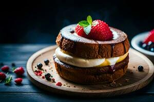 un postre con fresas y crema en un de madera lámina. generado por ai foto