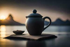 a teapot and a bowl of rice on a wooden table. AI-Generated photo