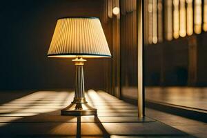 a lamp on a table in front of a window. AI-Generated photo