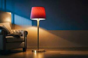 un lámpara en un habitación con un sofá y silla. generado por ai foto
